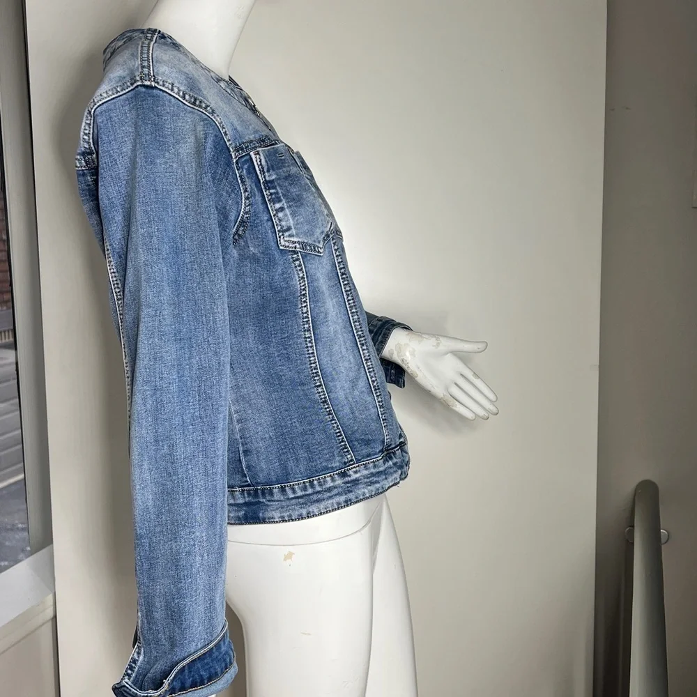 POP Seven Sz XL Zip Front Collarless Stretch Cotton Denim Jacket